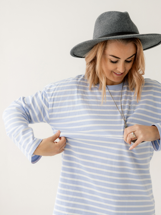 Blue Stripe Breastfeeding Long Sleeve | Horizontal Zip