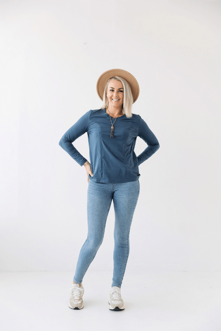 vertical zip breastfeeding access blue breastfeeding top