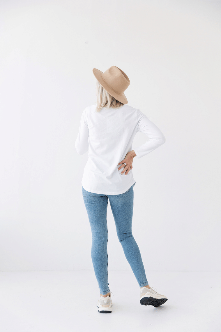white cotton spandex breastfeeding top with diagonal breastfeeding zips