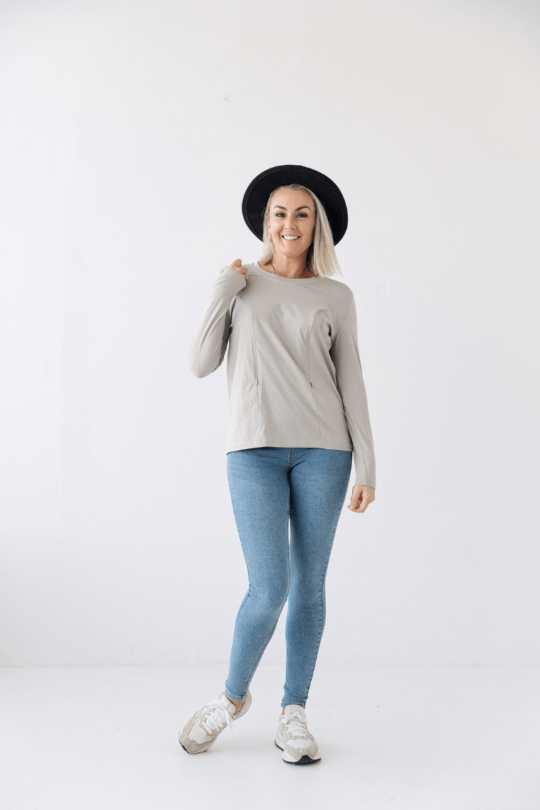 stone colour breastfeeding top with vertical breastfeeding zips