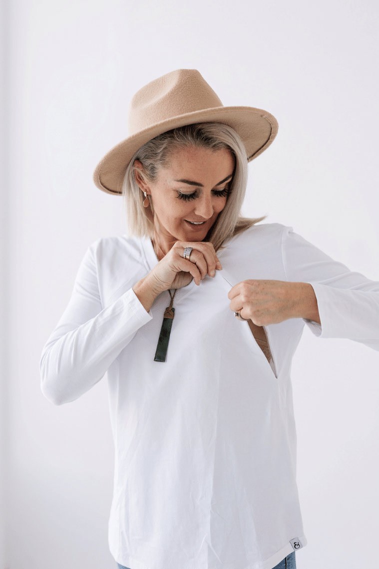 white cotton spandex breastfeeding top with diagonal breastfeeding zips