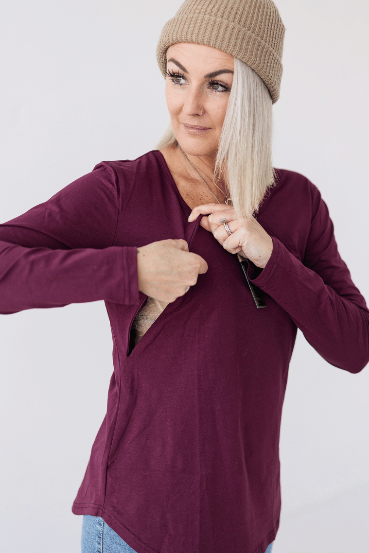 diagonal breastfeeding zip top made from cotton and spandex material