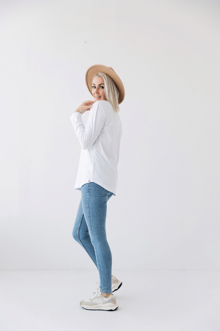 white cotton spandex breastfeeding top with diagonal breastfeeding zips