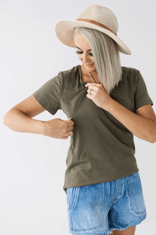 Khaki Everyday Breastfeeding Tee | Diagonal Zips