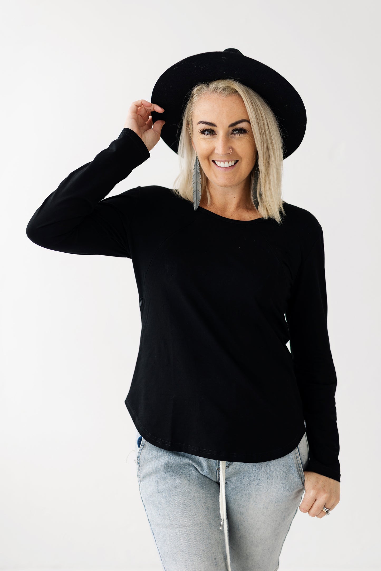 Black Long Sleeve Top | Diagonal Zips
