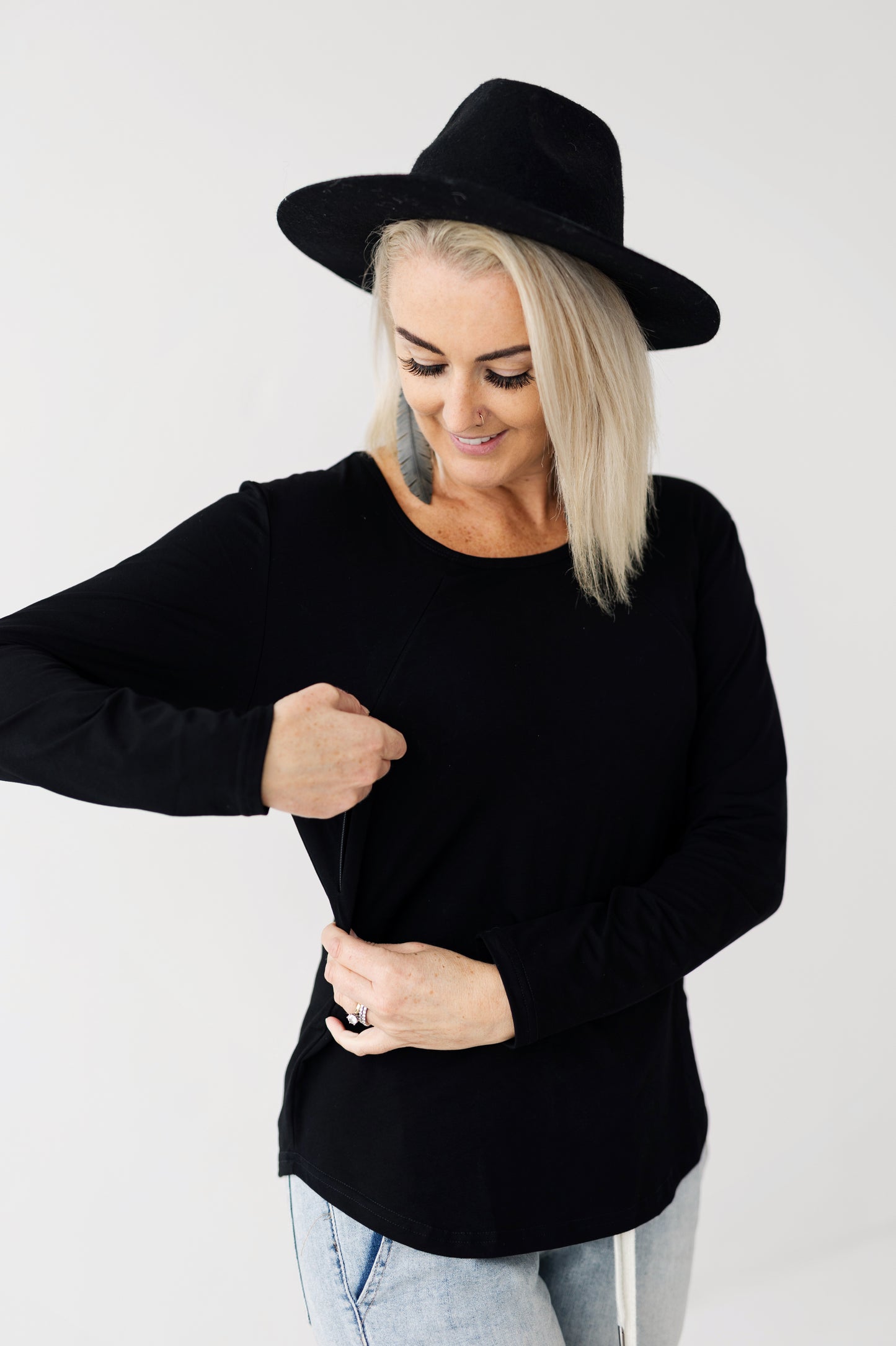 Black Long Sleeve Top | Diagonal Zips