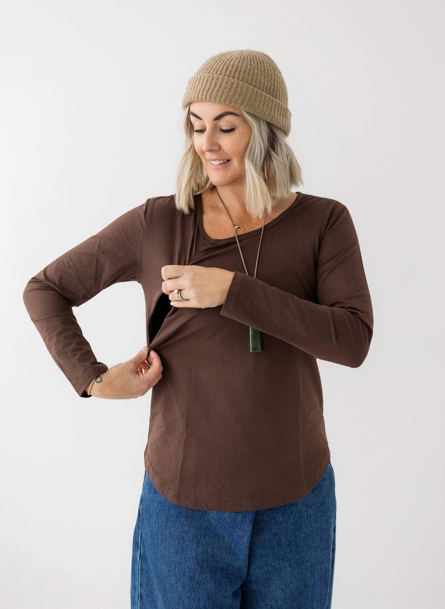 Chocolate Zip Long Sleeve Top | Diagonal Zips