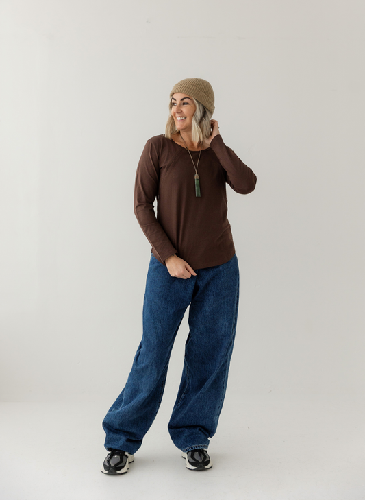 Chocolate Zip Long Sleeve Top | Diagonal Zips