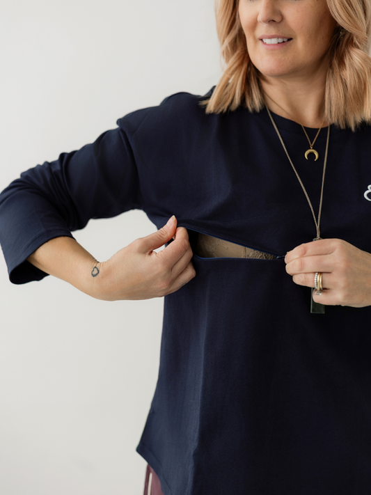 Navy Breastfeeding Long Sleeve | Horizontal Zip