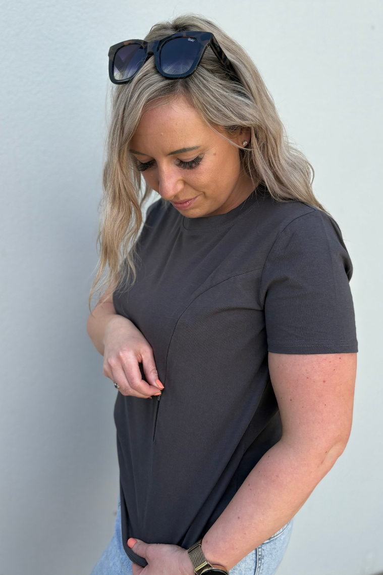 Charcoal Everyday Tee | Vertical Zips | 100% Cotton